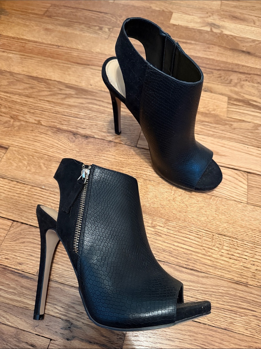 Shoe Dazzle Black Peep-Toe Stiletto Booties with Side Zip Accent